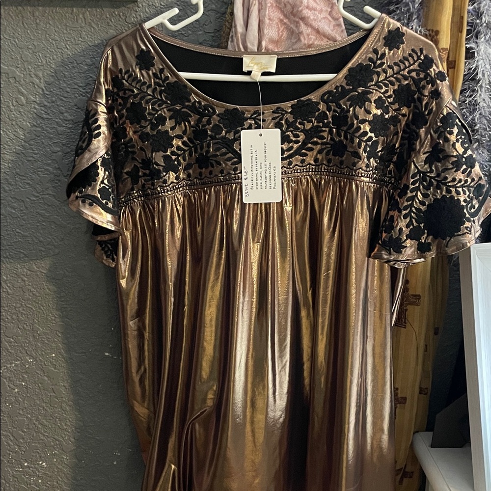 Chic Metallic Blouse with Black Floral Accents